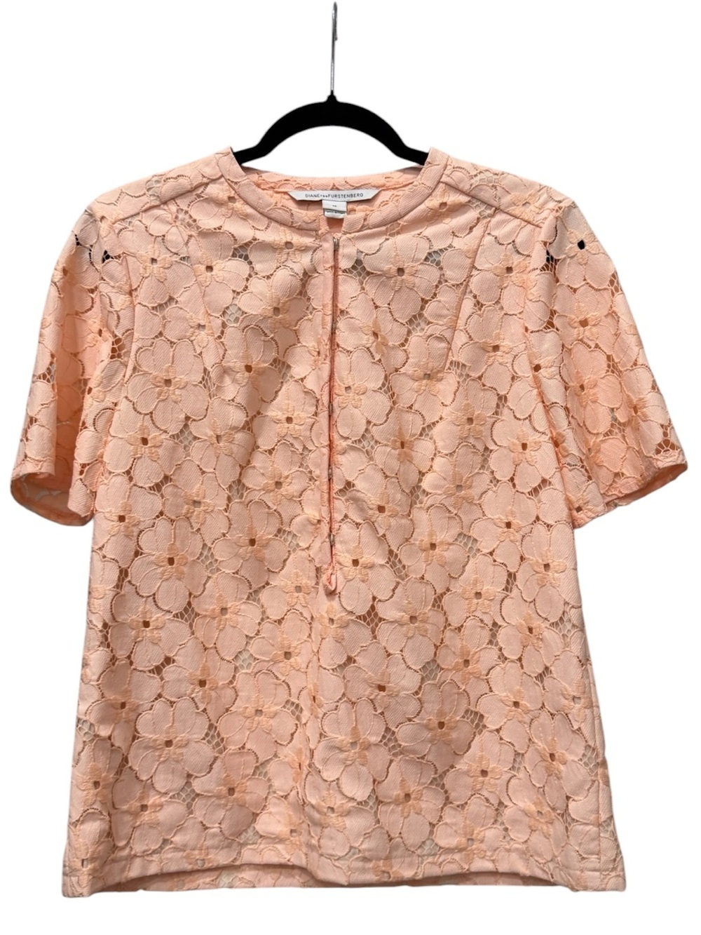Diane Von Furstenberg Blush Pink Floral Lace Short Sleeve Keyhole Blouse Size 10